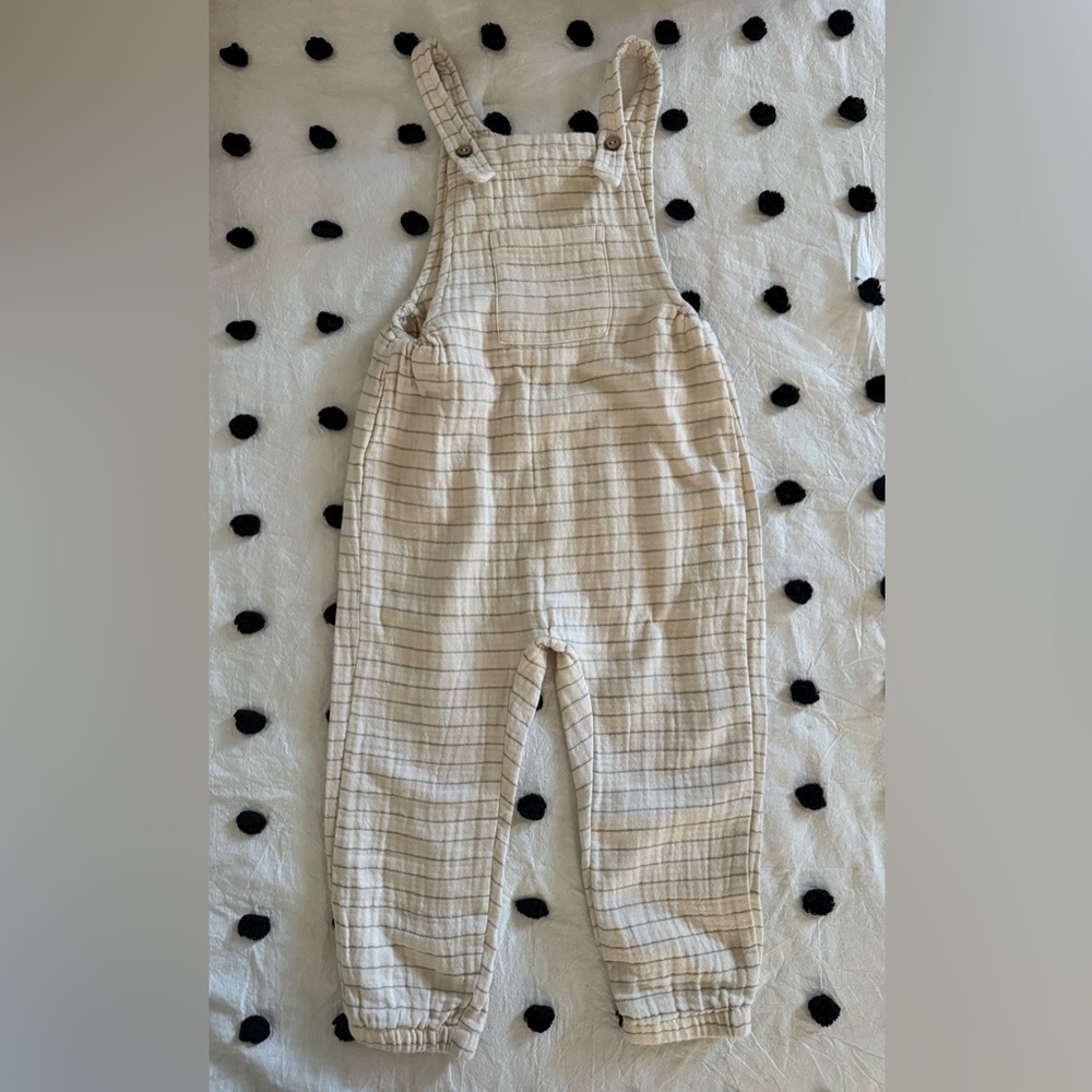 Quincy Mae Striped Cream Baby Overalls